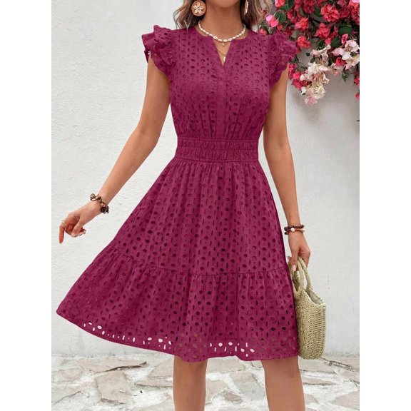 Burgundy Eyelet Cap Sleeve V-Neck A-Line Tiered Sundress For Women