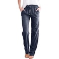 thumbnail image 2 of Pantalones de lino de algodón para mujer Pantalones casuales de cintura elástica pantalones de pierna recta 2024 con cordón sueltos y cómodos pantalones palazzo con bolsillos, 2 of 5