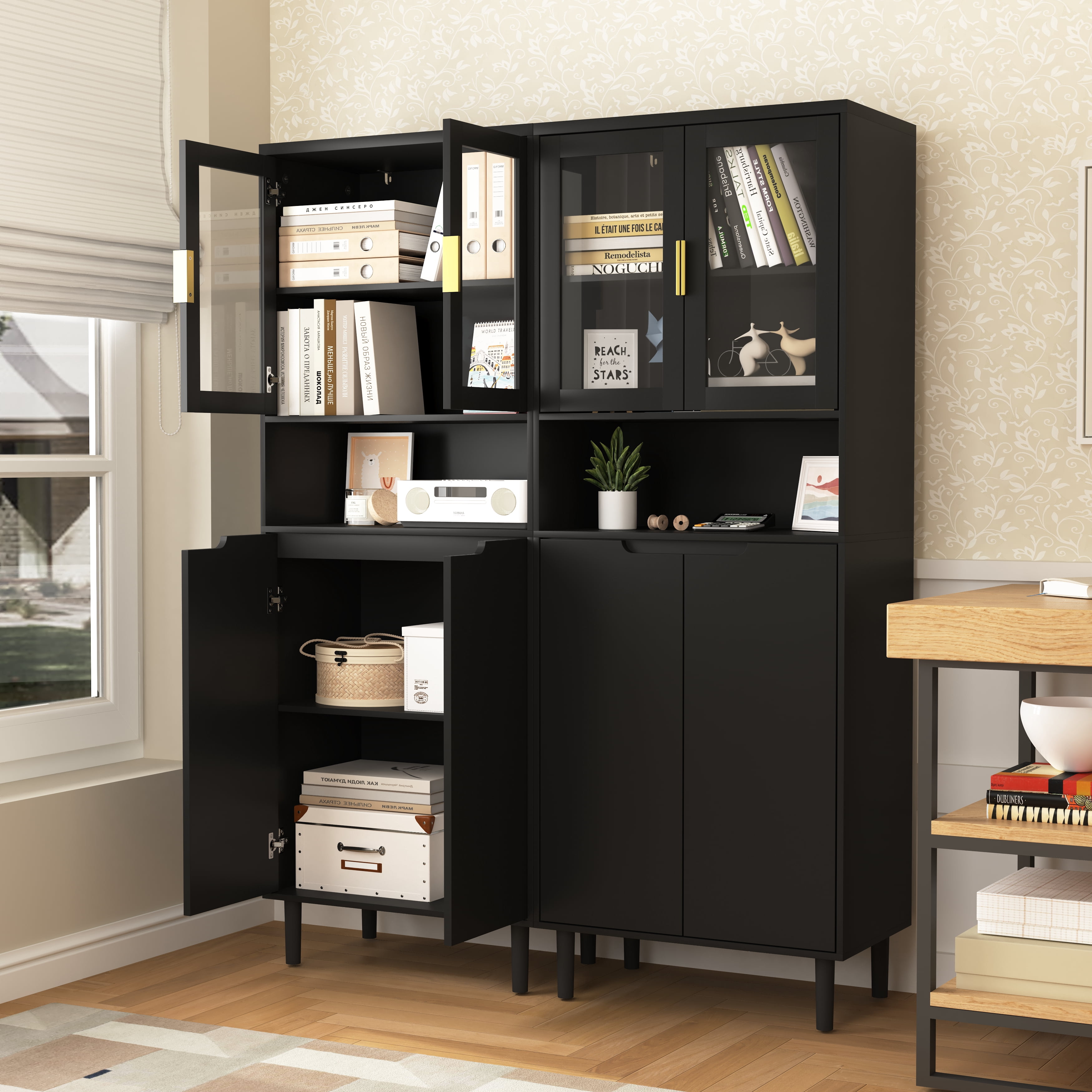 MAYEERTY White Tempered Glass Door Tall Storage Bookcase, 4-Door MDF Cabinet with Adjustable Shelves, Black
