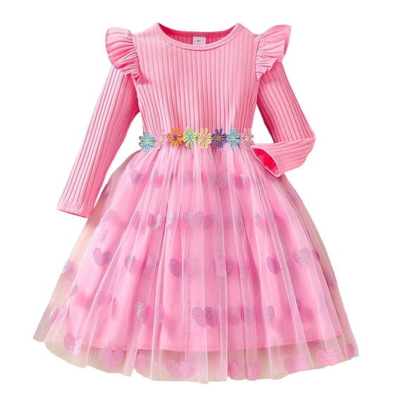 Girls Dress Valentine's Day Heart Print Long Sleeve Round Neck Party Dress Mesh Skirt for Toddler Girls Red 2 Years-3 Years