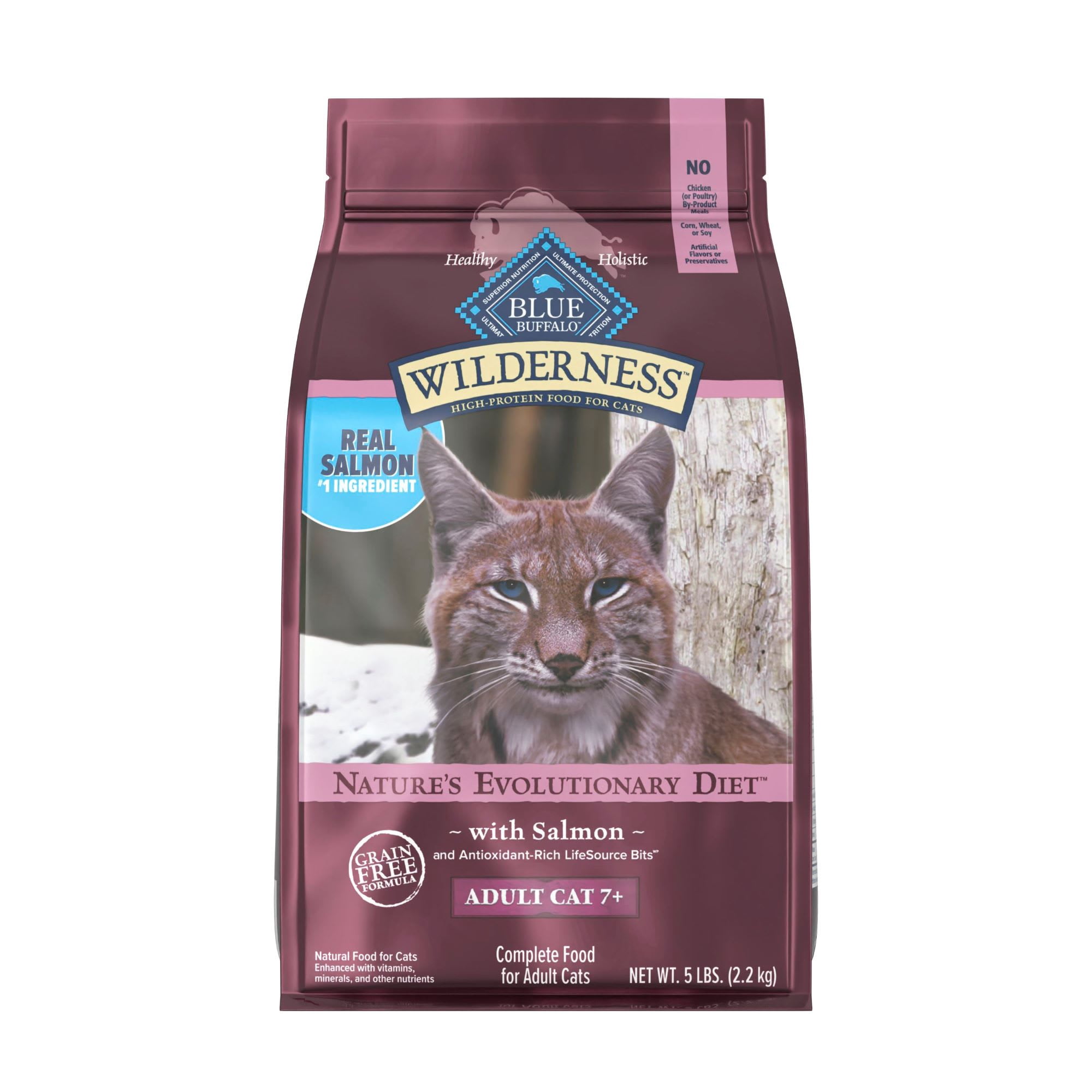 Blue Buffalo Wilderness High-Protein & Grain-Free Natural Ingredients Salmon Dry Food for Mature 7+ Adult Cats 5 lbs.