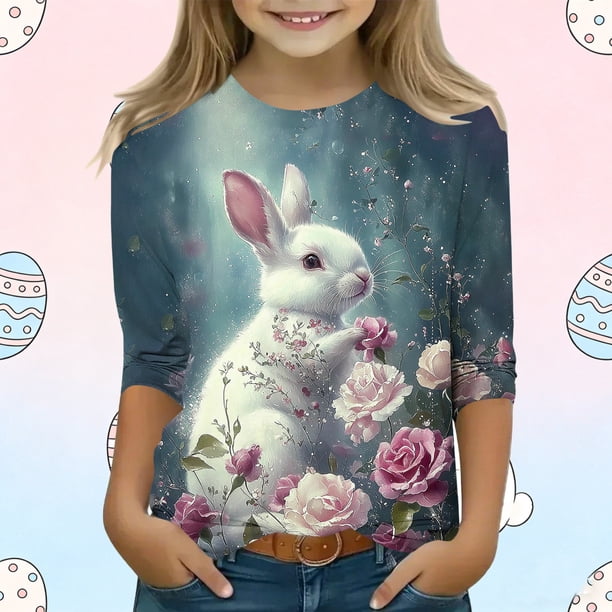 Blusas y camisas de manga larga con cuello redondo para niños con estampado de día de Pascua, manga 3/4/cuello redondo tres cuartos, camisa inferior y superior para niños, parte superior de poliéster