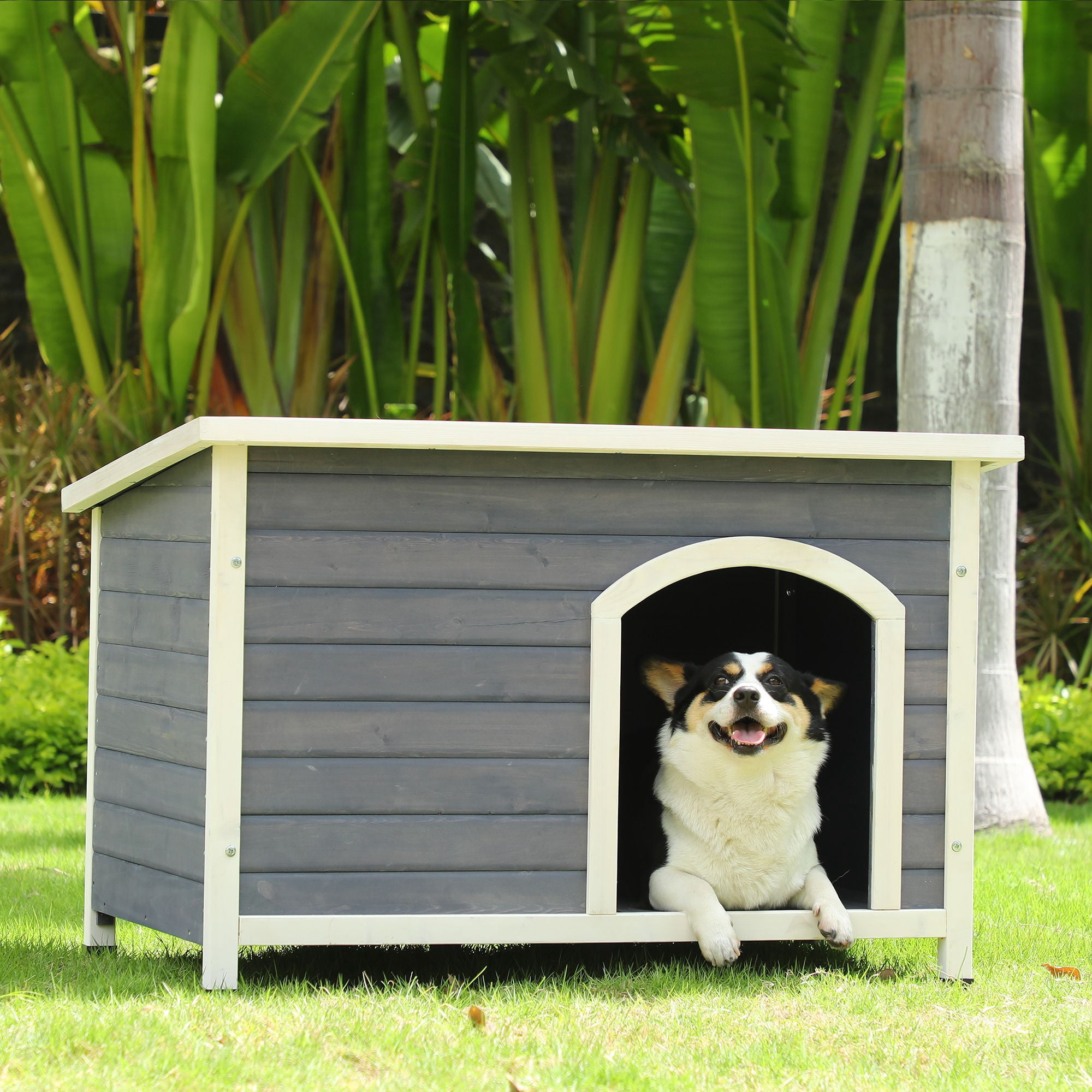 Pefilos 41" Width Outdoor Wooden Dog House for Medium Dogs with Raised Feet, Removable Floor Weatherproof Pet Cat House, Gray
