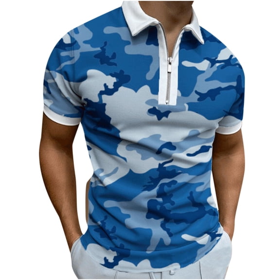 WREESH Camouflage Henley for Men Turndown Collar Quarter Zip Athleisure Short Sleeve Shirt Blue