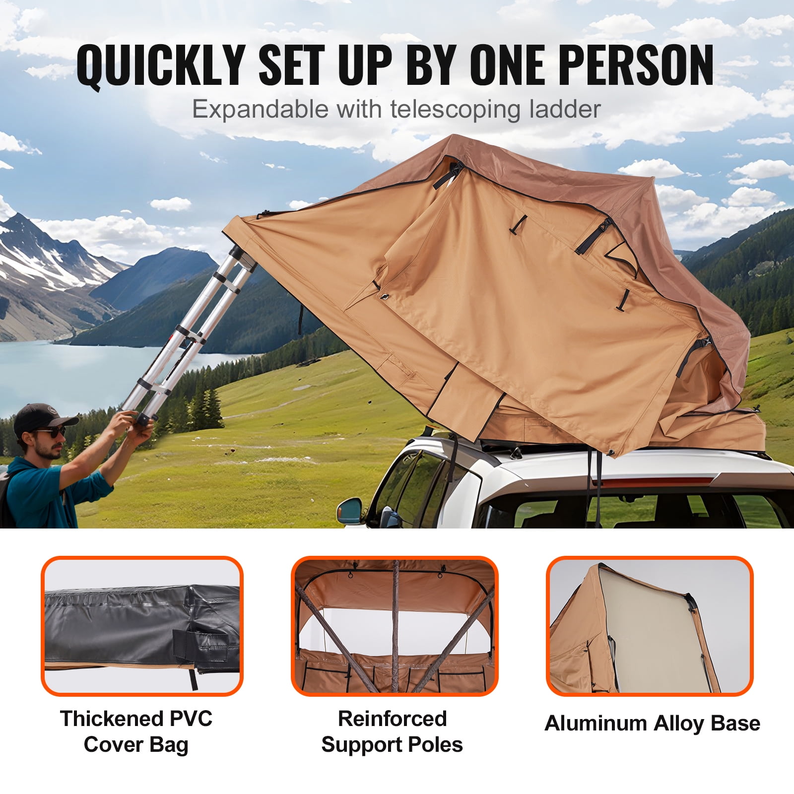 KFFKFF Hard Shell Rooftop Tent, 2-3 Person Foldable Roof Tent with Telescopic Ladder, Mattress, PVC Protective Cover, Water-Resistant for Jeep, SUV, Van, Pickup Truck