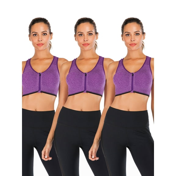 YouLoveIt Women Sports Bra, 3 pack Zipfront Padded Cups Comfort Sports Bra Zip Front Mesh Racerback Sports Bra Active Gym Yoga Workout Sports Bras