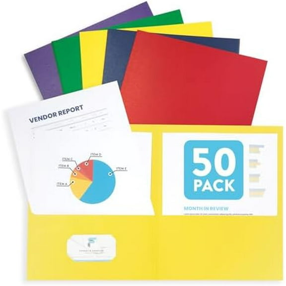 50 Paper Two Pocket Folders Bulk, Designed for Office and Classroom Use, Assorted 5 Colors, 50 Pack Colored 2 Pocket Folders Bulk$$Office