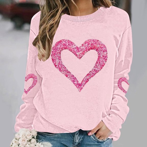 EchfiProm Womens Sweatshirts Soft Christmas Pullover Graphic Pink Crewneck Long Sleeve Valentine Day Shirs for Adults