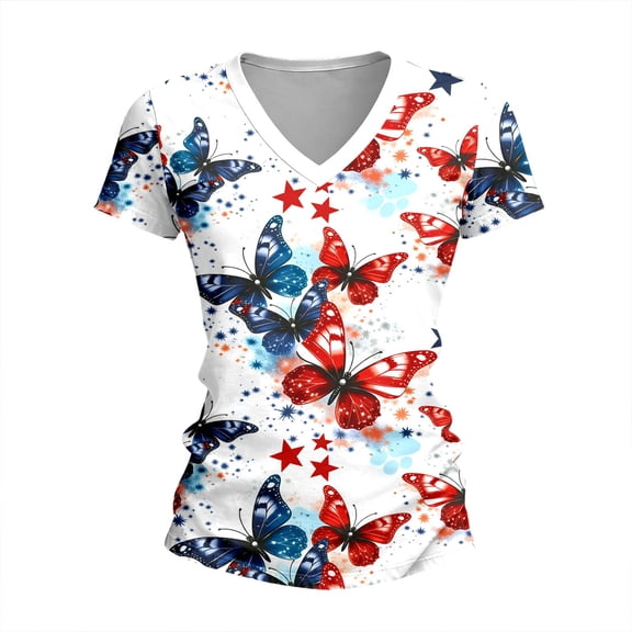 USA 250th Anniversary Soft Tee Short Sleeve V Neck Loose Crewneck Graphic Top White L