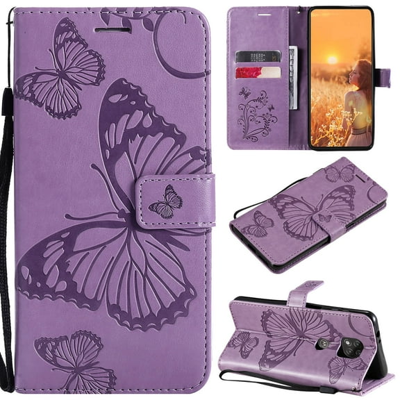 Wallet Case for Motorola Moto G Power 2021, Magnetic Flip Kickstand Emboss Butterfly PU Leather Protective Phone Cover with Wrist Strap & Card Slots, Purple