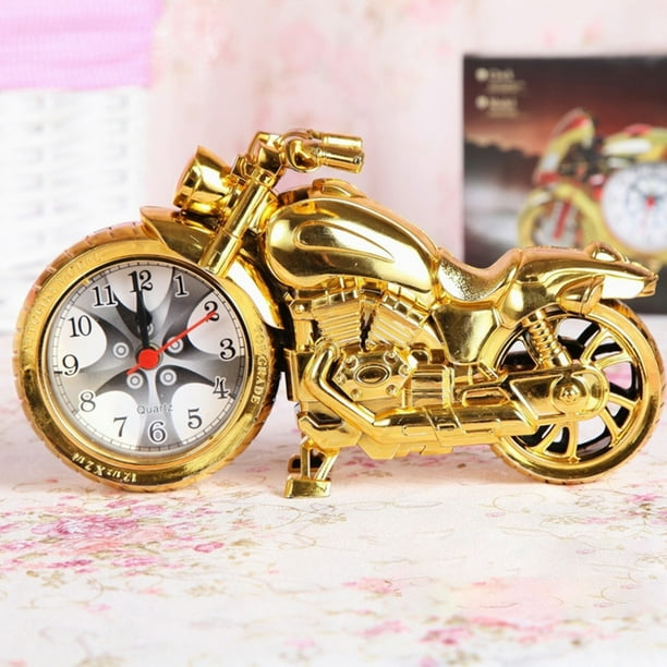 Motorbike Pattern Alarm Clock Desk Clock Creative Birthday Gift Cool Clock, Motorcycle Alarm Clock, Desk Clock, Metal Frame, Wooden Base, 2-Tier Design, Foldable, Portable, Office, Bedroom,