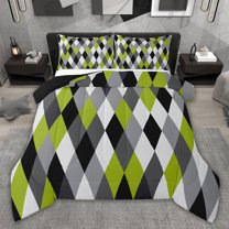 jejeloiu Modern Abstract Geometric Queen Comforter Set,Green Gray Rhombus Bedding Comforter Set For Men Women Reversible 3pcs
