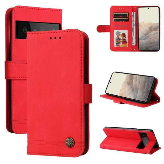 SaniMore Case for Google Pixel 7 Pro 6.7" 2022 with Wrist/Crossbody Strap,Retro PU Leather Anti-scratch Card Slots Cash Pocket Kickstand Shockproof Anti-drop Wallet Business Cover, Red