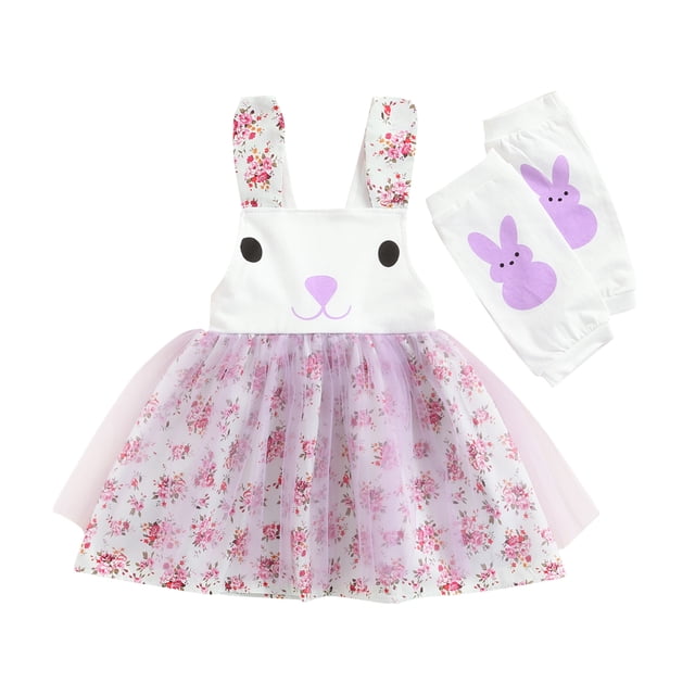ITFABS Couvre-Jambes de Robe pour Filles Imprimé Cartoon Rabbit Fleurs Maille Fil Ourlet Ample Mignonne Robe Décontractée