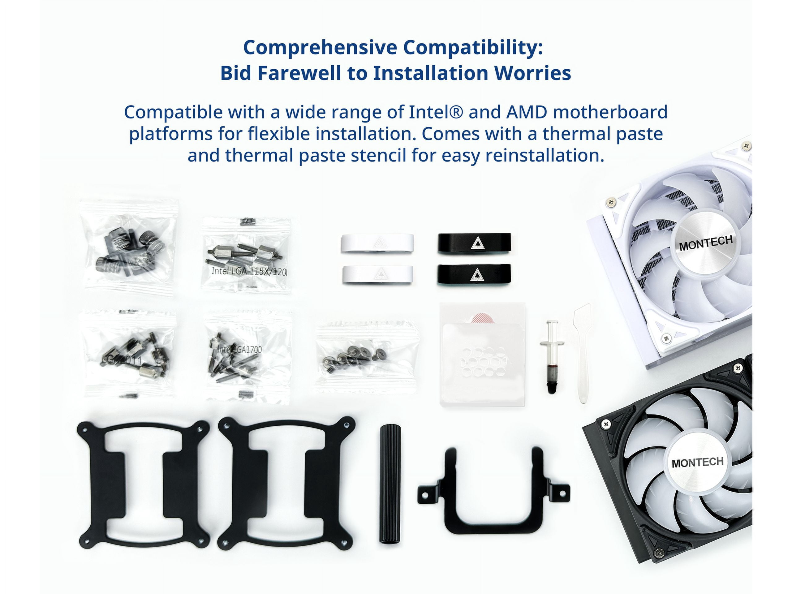 MONTECH HyperFlow ARGB 240 - AIO CPU Liquid Cooler, Intel&AMD Compatible, Chart-Topping Performance, Enhanced 3100RPM Water Pump Design, 2X Metal Pro 12 ARGB Ultimate Cooling Fans - White