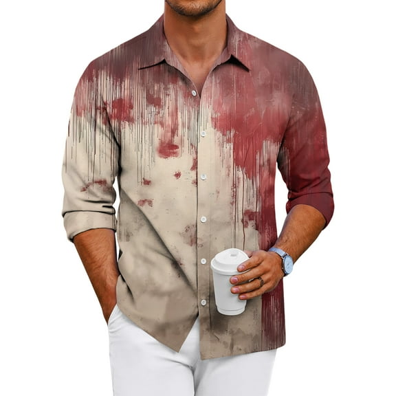 Domuza Mens Button Up Shirts Long Sleeve Halloween Horror Funny Print Relaxed Fit Tshirts Lightweight Casual Lapel Blouse for Halloween Party Hot Pink 3XL