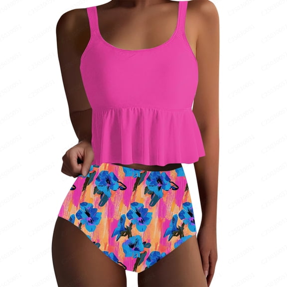 Taqqpue Tankini Plus Size Swimsuits for Women Two Piece Bathing Suits Blouson Flowy Ruffle Flounce Top Beach Vacation Swimwear with Bikini Swim Suit Bottom