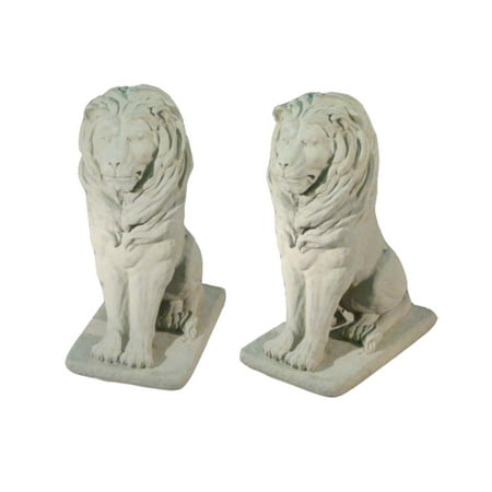 Set of 2 Regal Sitting Lion Cast Stone Concrete Outdoor Garden Statues