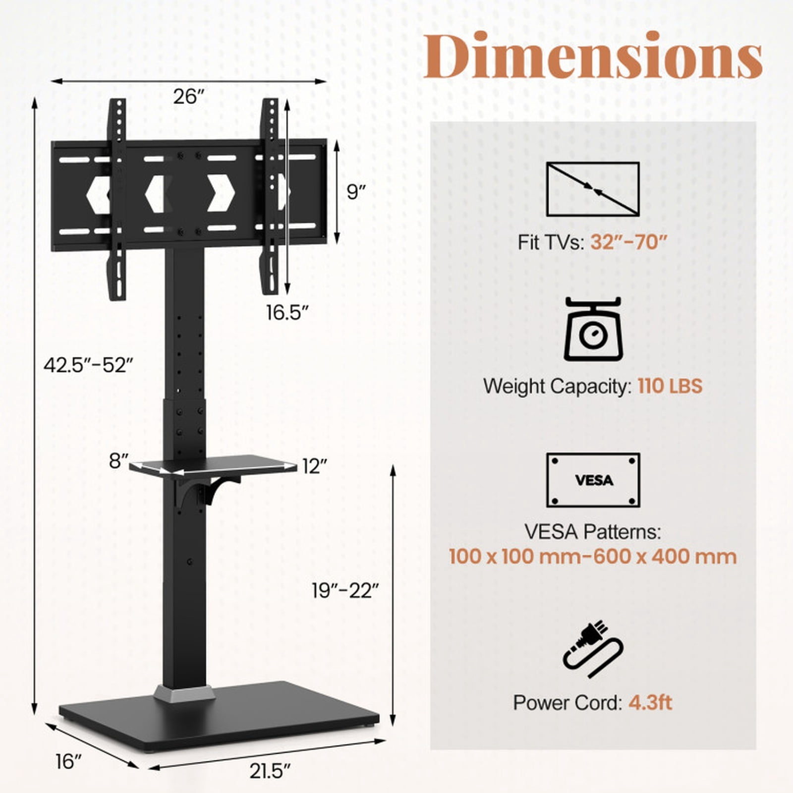 Furnibear Tilt and Height Adjustable Floor TV Stand with Power Outlet and Adjustable AV Shelf for Living Room Bedroom Media Console, Black