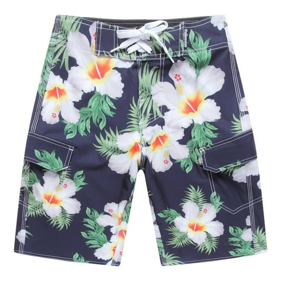 Men's Beach Wear Board Shorts with Pocket in Blue Hibiscus 38