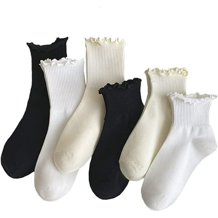 

CoCopeaunts 6 Pairs Ankle Socks For Women Ruffle Cuff Cotton Crew Socks Lolita Socks Solid Color Socks For Women Girls