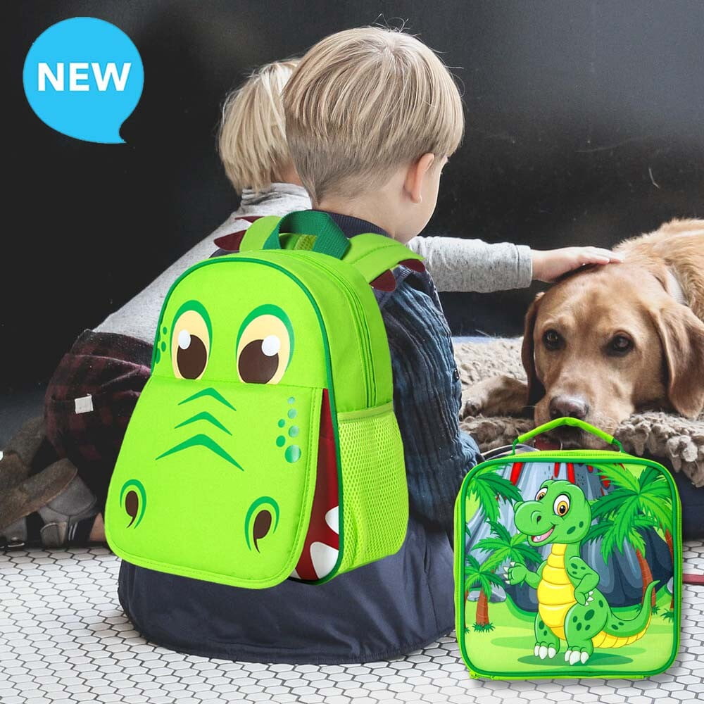 AGSDON 3PCS Toddler Backpack and Lunch Box for Boys, 12" Dinosaur Preschool Kids Bookbag, Cute Animal Kindergarten Schoolbag