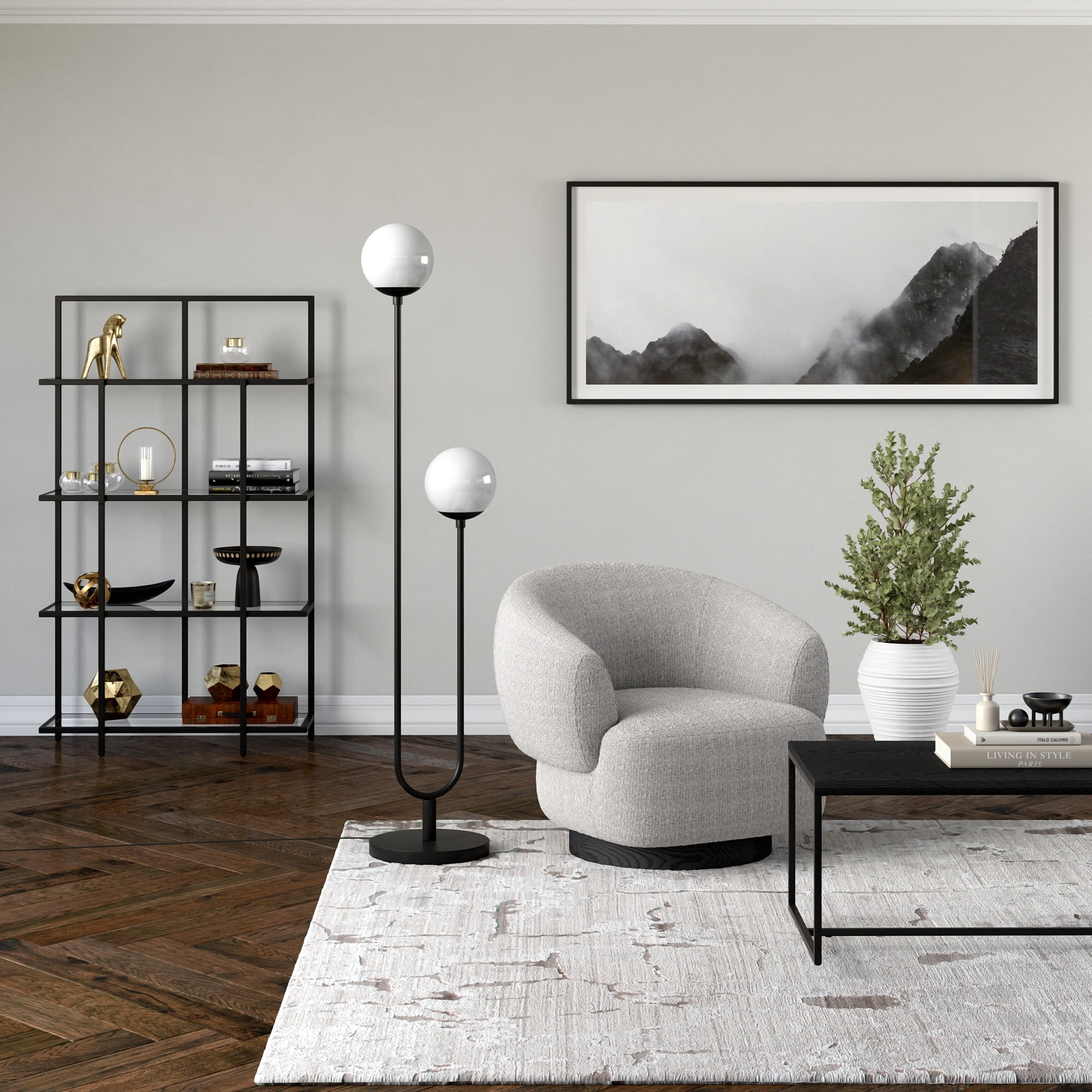 Evelyn&Zoe Dufrene 2-Light Floor Lamp with Glass Shades, Brass/White Milk