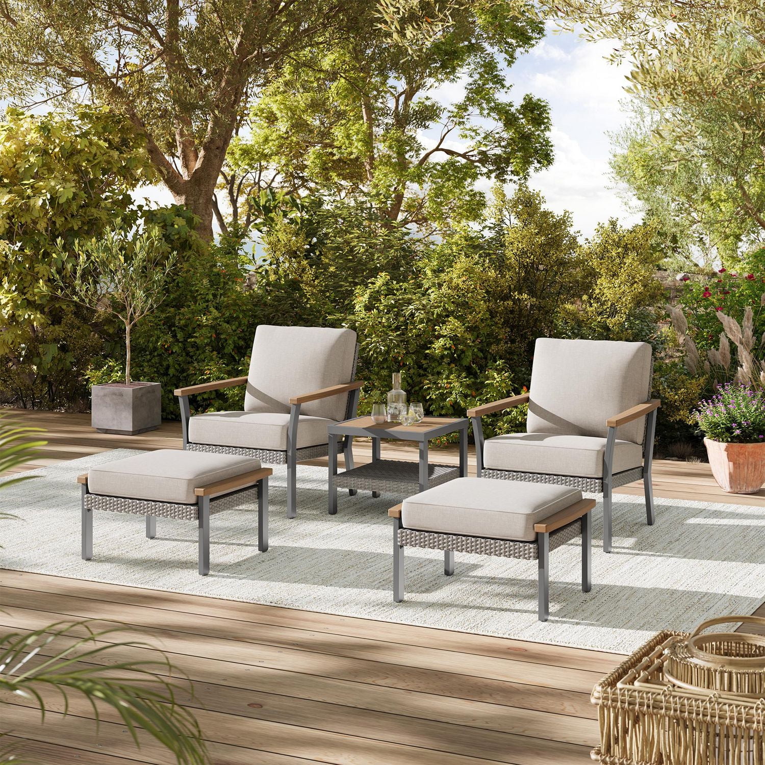 SONGMICS HOME Sencillo Collection - 5 Piece Patio Furniture Set, 2 Lounge Chairs, 2 Ottomans, 1 Coffee Table, Synthetic PE Rattan, Gray and Beige