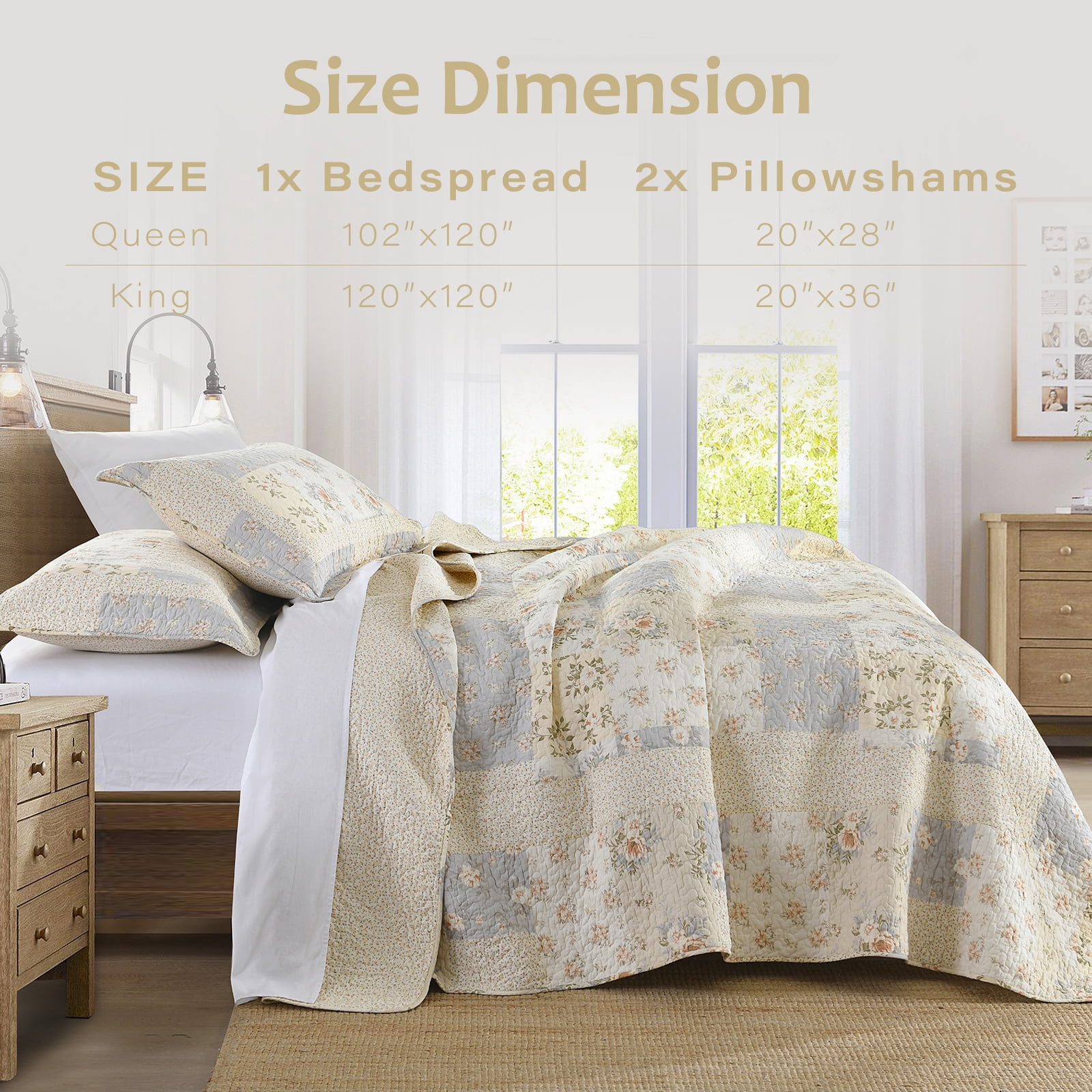 DUOHONG King Bedspread 120"W x 120"L - 100% Cotton Reversible Lightweight Oversized Quilt with 2 Pillow Shams, Beige/Brown/Cream White