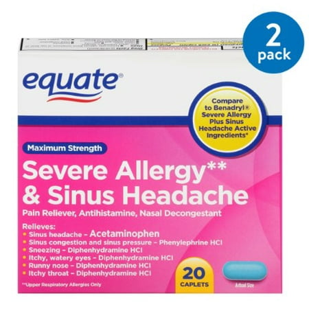 (2 Pack) Equate Maximum Strength Severe Allergy & Sinus Headache Acetaminophen Caplets, 325 mg, 20 (Best Sinus Infection Medicine Otc)