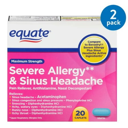 (2 Pack) Equate Maximum Strength Severe Allergy & Sinus Headache Acetaminophen Caplets, 325 mg, 20 (Best Medicine For Sinus Drip)