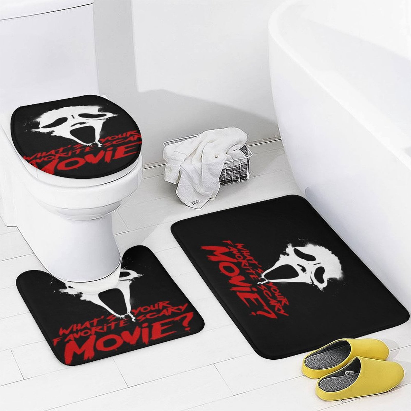 4 Pcs Horror Movie Scream Ghost Face Shower Curtain Sets with Non-Slip Rugs, Toilet Lid Cover and Bath Mat,Cartoon Waterproof Shower Curtain with 12 Hooks, Bathroom Decor Sets, 72" x 72"