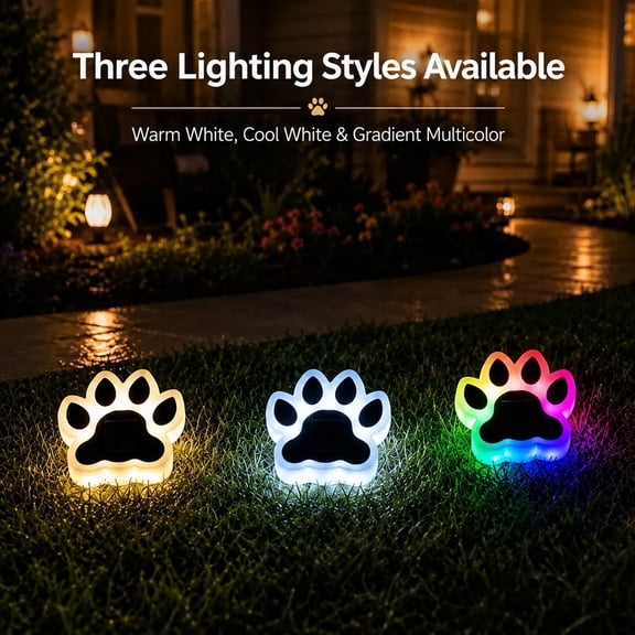 Solar Paw Print Stake Lights, Waterproof Outdoor, 3 Modes Auto On/Off for Garden and Lawn, Cool, Warm & Multicolor