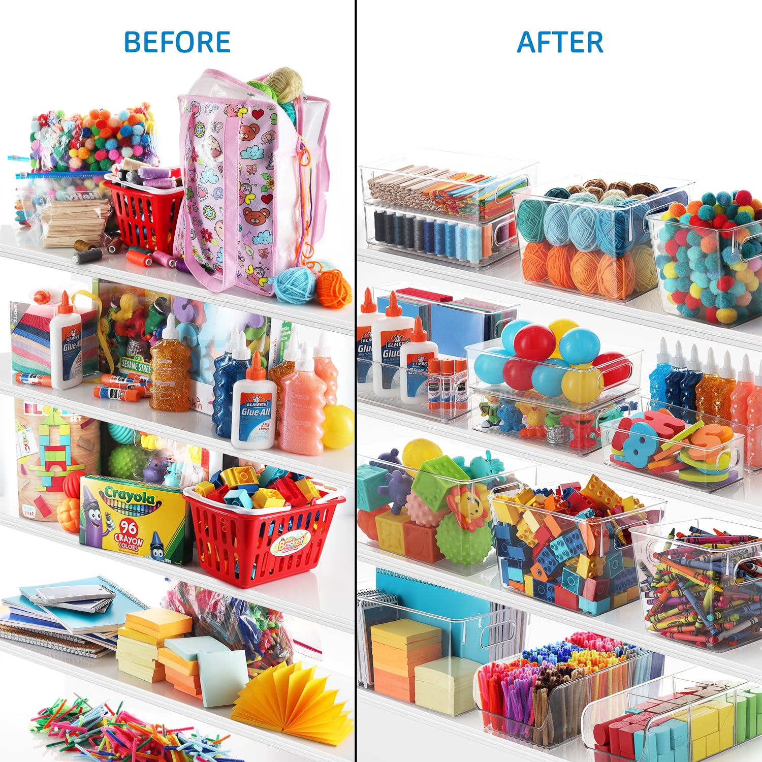 EatEx 3 Pack Clear Plastic Storage Organizer Bin with Handles - Stackable Bin Tray for Home, Classroom, Playroom, Studio - Great Bin for Crafts, Art, Brushes, Paint, Sewing Supplies