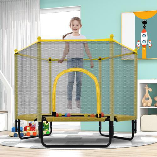 5 FT Trampoline with Safety Guardrail and Basketball Hoop for Backyard, U-shaped Legs, Yellow