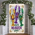 thumbnail image 3 of Colorful Mask Mardi Gras Banner Feather Adorned Carnival Display Purple Green Yellow Gold Accent Festive Backdrop for Carnival Party Mardi Gras Celebration Indoor Event, 3 of 9