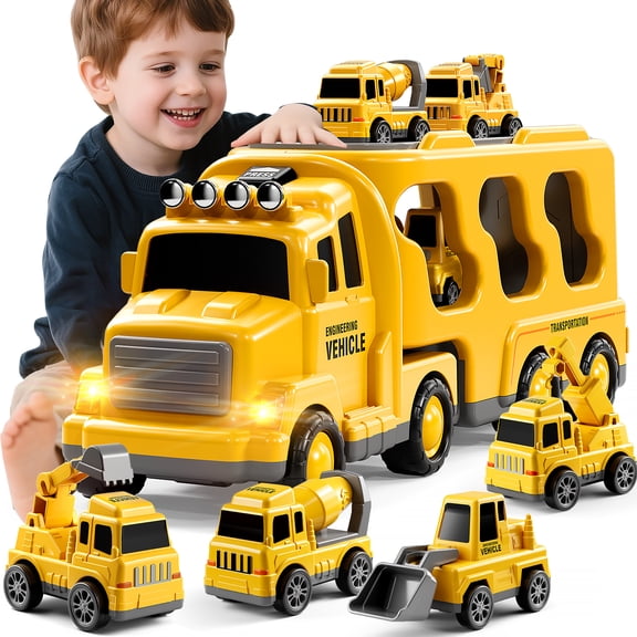 Construction Truck Toys for 3-7 Years Old Boys - Kids Friction Powered Car Toys for Toddler Ages 3-5, Carrier Play Vehicles Set with Sound and Light, Birthday Gifts for Toddlers