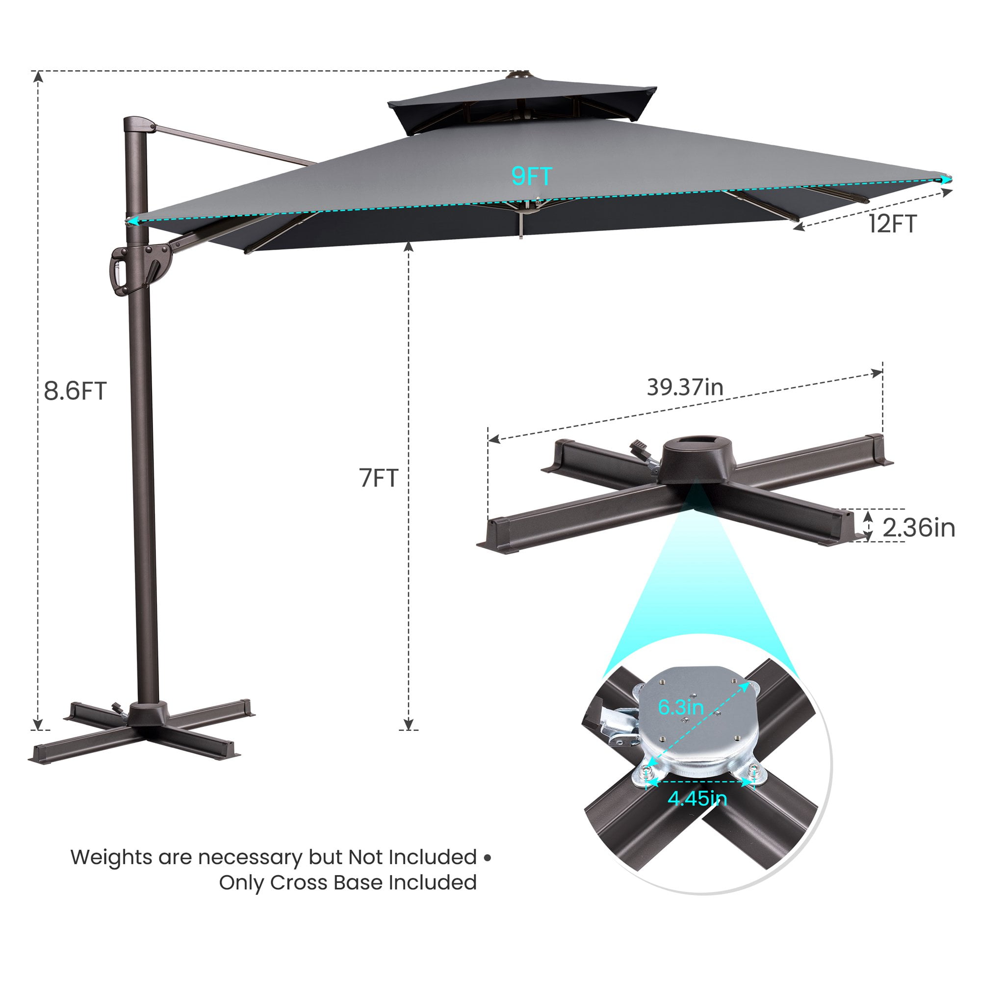 Pellebant 9 ft. x 12 ft. Rectangular Double Top Patio Cantilever Umbrella, Dark Gray