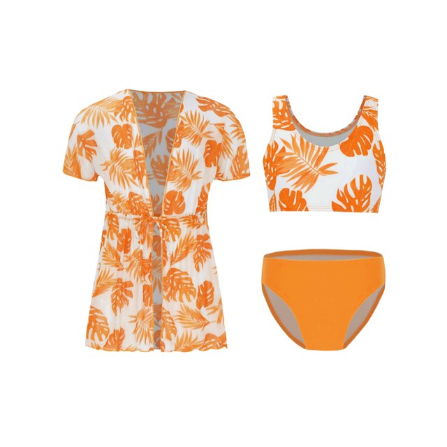 TTAO Maillot de Bain pour Filles Enfants Été Tankini Bikini Maillot de Bain Manches Courtes Orange 140
