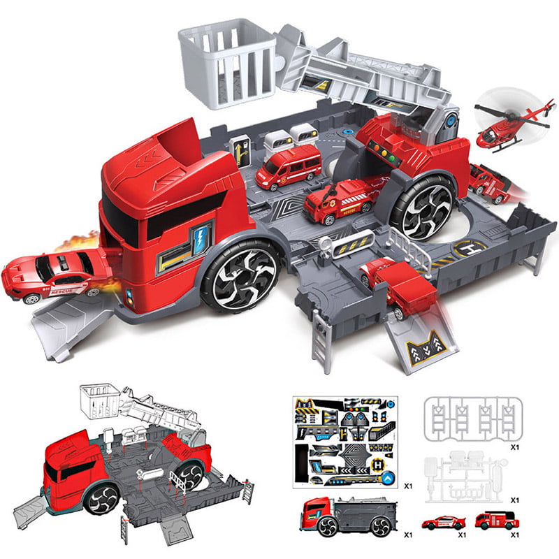Mini Die-cast Fire Engine Car in Carrier Truck Mini Rescue Emergency Double Side Transport Vehicle for Kid Child Boy Girl Birthday Christmas Party Favors 19 in 1 Fire Truck with Firefighter Toy Set 