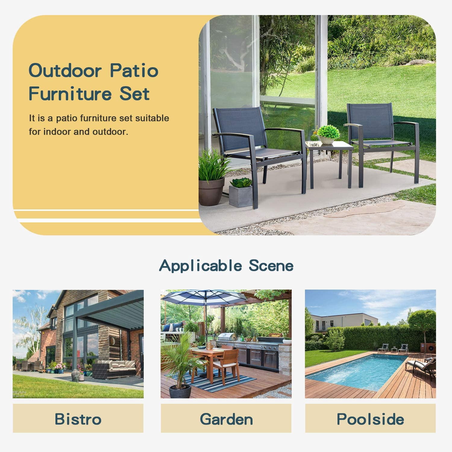 Devoko 3 Pieces Patio Furniture Set Textilene Bistro Set Outdoor Conversation Set Modern Porch Furniture Lawn Chairs with Coffee Table, Black