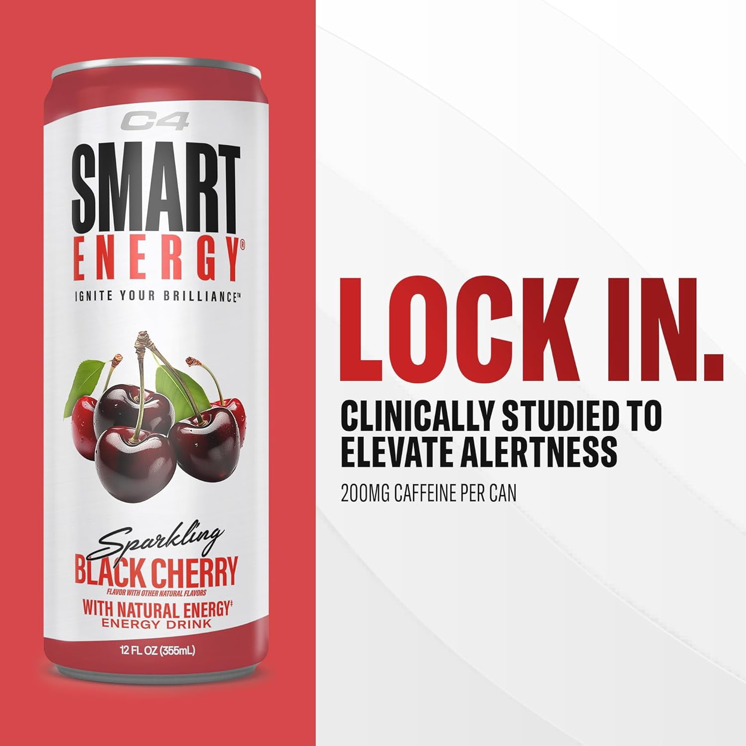 C4 Smart Energy Drink – Boost Focus and Energy with Zero Sugar, Natural Energy, and Nootropics - 200mg Caffeine - Black Cherry (12oz Pack of 12)