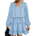 thumbnail image 1 of SAYOO Mini vestidos de verano para mujer 2022 de manga larga con cuello en V con cordones, vestido de otoño plisado sólido para uso diario informal SAYOO  casual, 1 of 9
