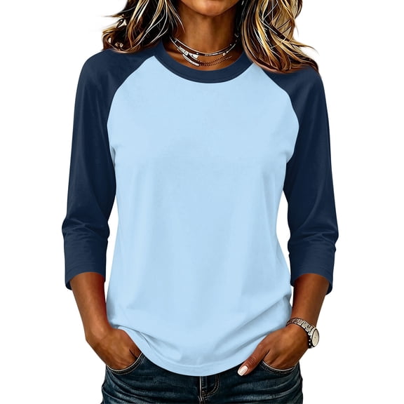 Tops for Women 3/4 Sleeve Women's Color Block Tops Casual Dressy Crew Neck Shirts Blouses Trendy Fall Loose Fit Outfits,S
