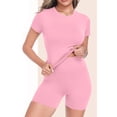 thumbnail image 2 of PRINxy Women's Summer 2 Piece Outfit Short Sleeve Crew Neck Top Elastic Waist Pocket Shorts Casual Daily Loungewear Set Pink S, 2 of 5