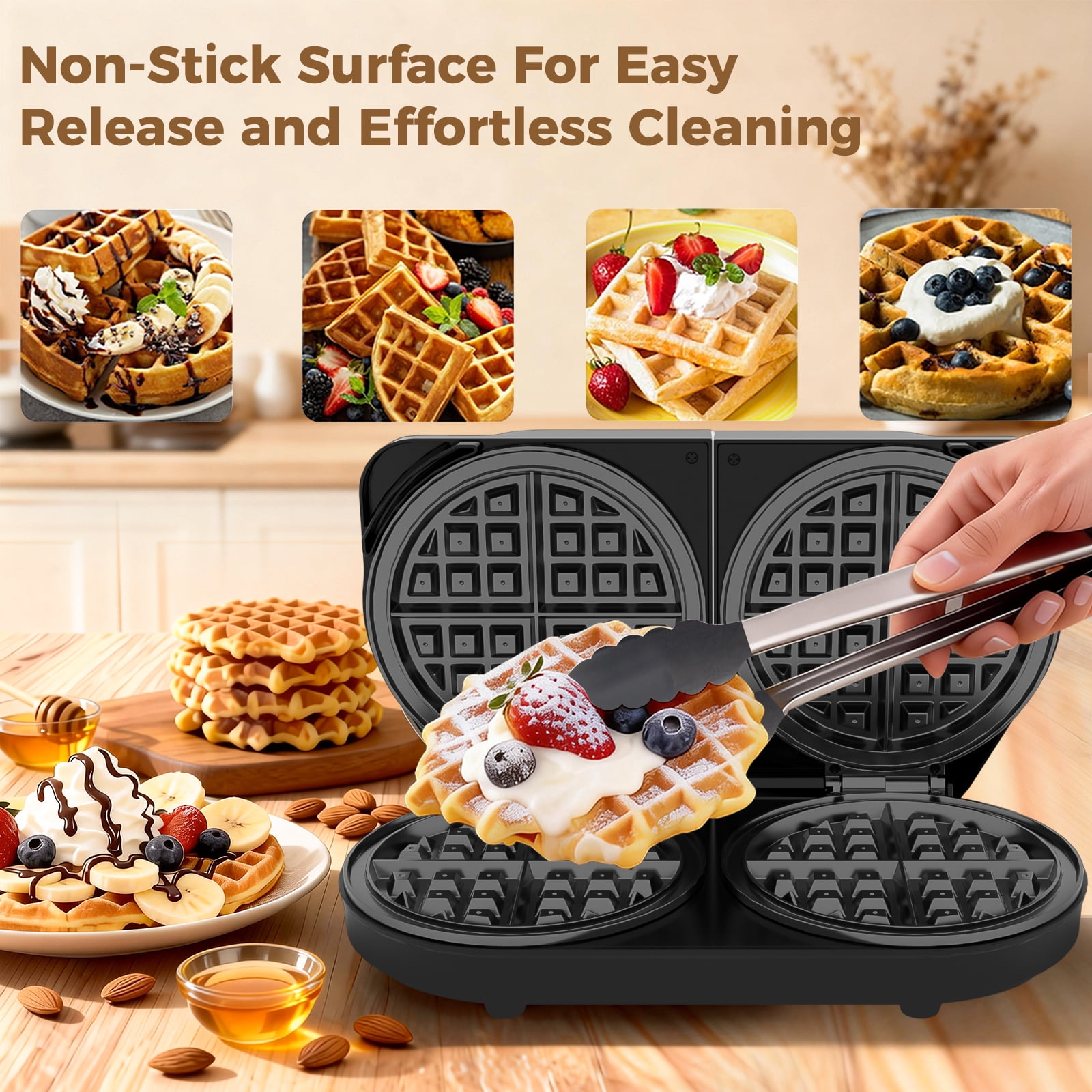 OSTBA Double Waffle Maker, 1400W Belgian Waffle Maker, 6 Inch Waffle Iron with 2 Independent Adjustable Temp Knobs & Indicator Lights, Easy-Clean Nonstick Plates, Stainless Steel, Black