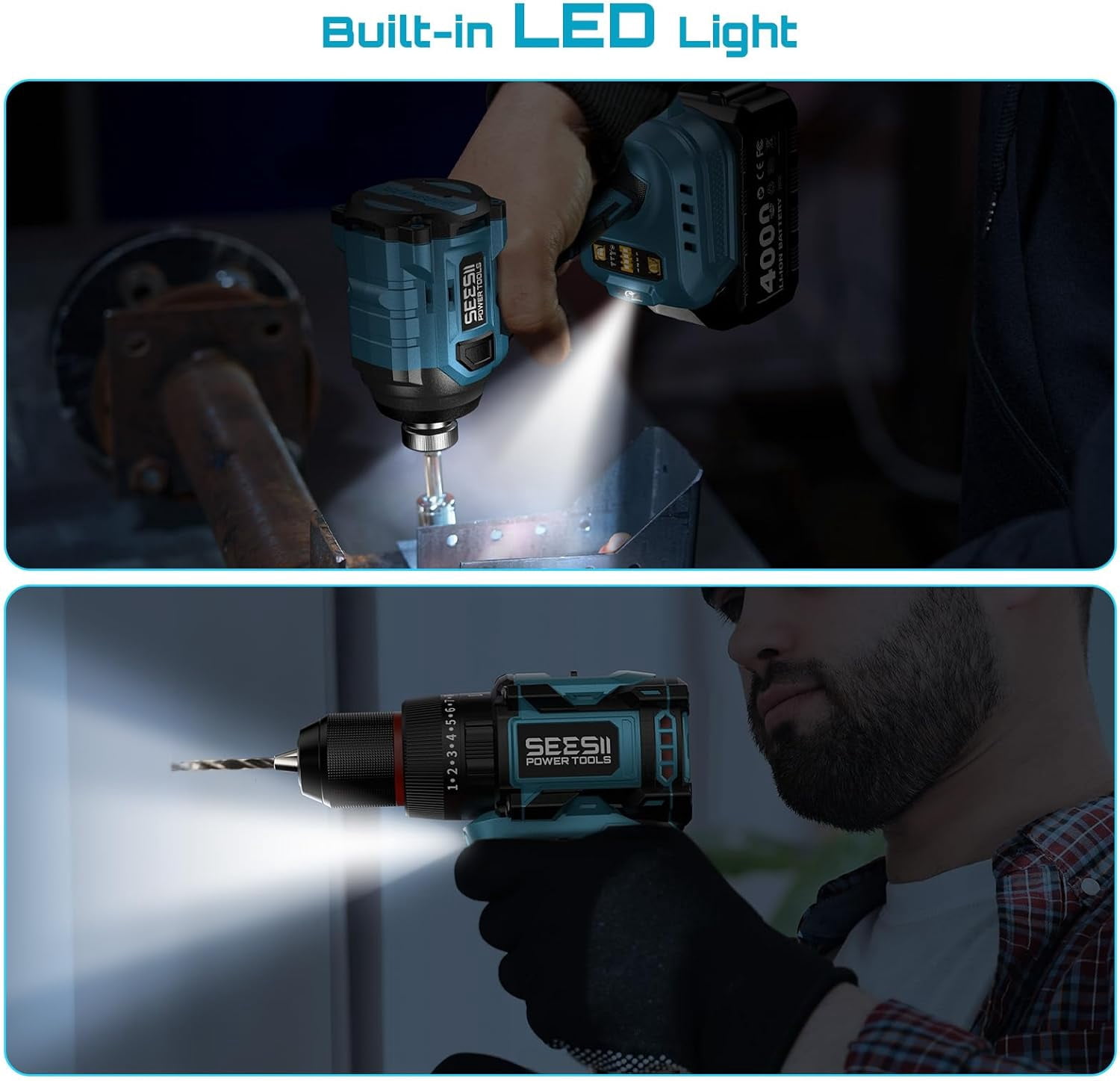Seesii Cordless Drill Driver and Impact Driver Combo Kit  Brushless 3/8'' Drill & 1/4'' Impact Driver, 2x 4000mAh Battery, Fast Charger, 20 pcs Driver Bit Set & Bag