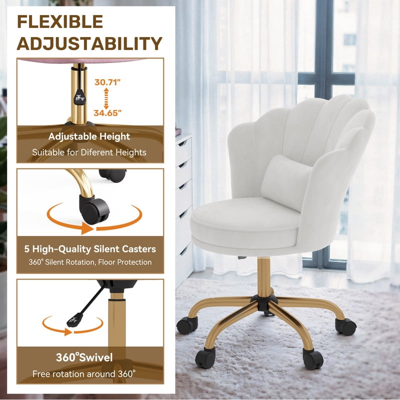 Hawsaiy Shell Back Home Office Chair with Lumbar Pillow, Modern Upholstered Desk Chair with Gold Metal Base, Swivel Adjustable Computer Chair for Home Office, White