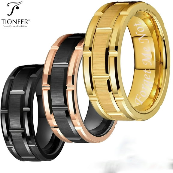 Tioneer Tungsten Carbide Classic Mens 8mm Wedding Band Ring Brick Pattern Brushed Finish Forget Me Not Engraved 8mm
