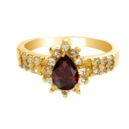 Pear Cluster Ring - Pear Shape Simulated Garnet & White Cubic Zirconia Cluster Ring in 14k Yellow Gold Over Sterling Silver Ring Size : 4